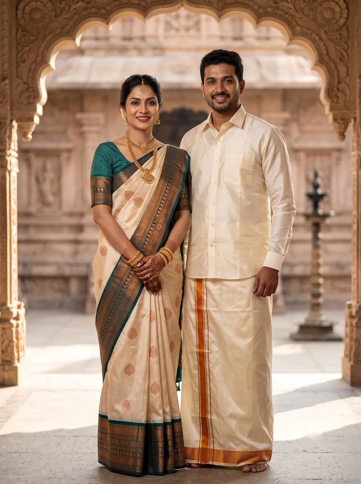 Mangalyam Teal Contrast Kubera Silk Couple Combo
